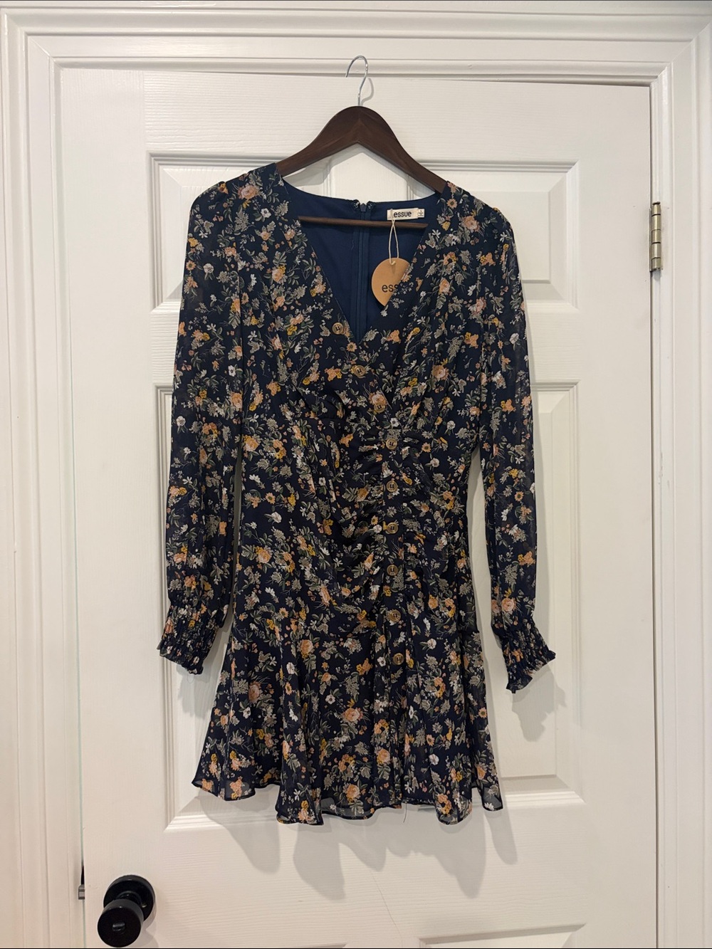 essue Navy Floral Ruffle Wrap Dress